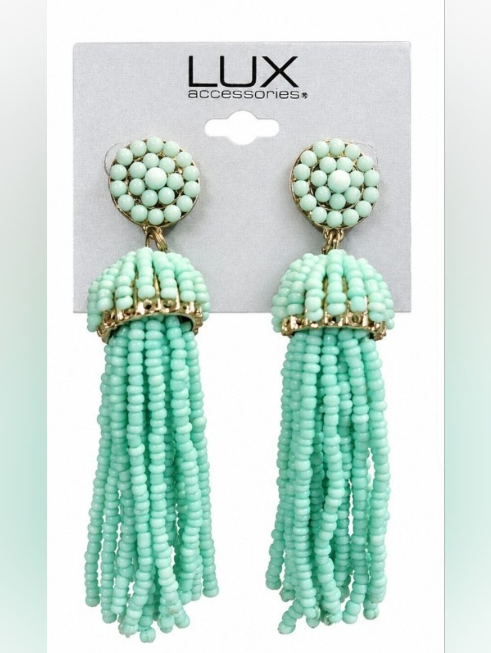 LUX Mint Beaded Tassel Statement Earrings